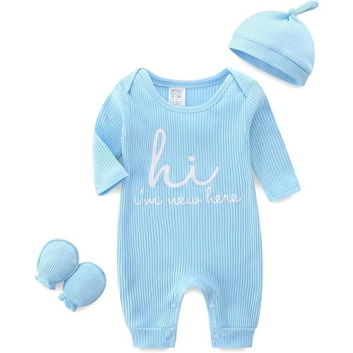 Babymine Newborn Unisex Baby Clothes 0-3 Months,Long Sleeve Onesie Infant Coming Home Outfits Romper with Mittens & Hat