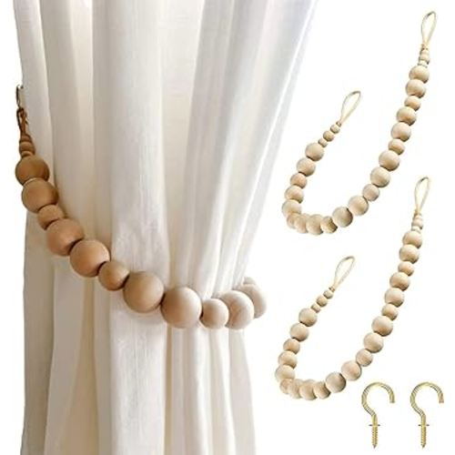 Set of 2 Wood Bead Curtain Tieback, Boho Curtain Holdbacks, Farmhouse Decorative Curtain Holders for Drapes (Round)