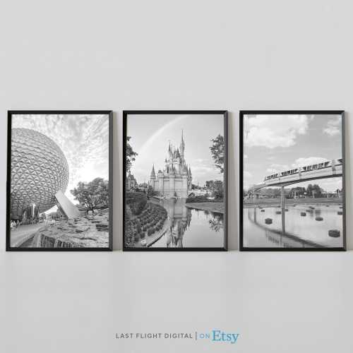 Orlando Poster, Set of 3, Magic Kingdom, Black White Photo, Mickey Mouse, Castle, Epcot Poster, Epcot Print, Florida Poster, Orlando Print