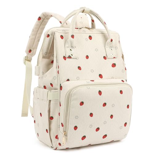 Xunteny Corduroy Diaper Bag Backpack for Women, Large Capacity Baby Bag for Mom and Girls Boys with Stroller Straps (Strawberry)