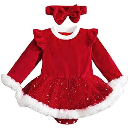 Yccutest Newborn Baby Girls Christmas Romper Dress Fur Trim Mesh Skirts Bodysuits Velvet Xmas Outfits Winter Clothes
