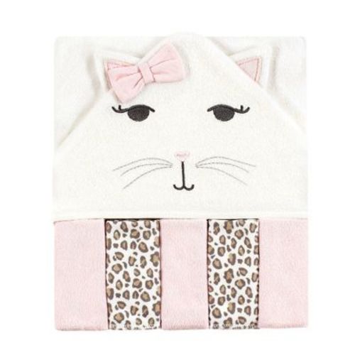 Hudson Baby Infant Girl Hooded Towel and Five Washcloths, Kitty, One Size