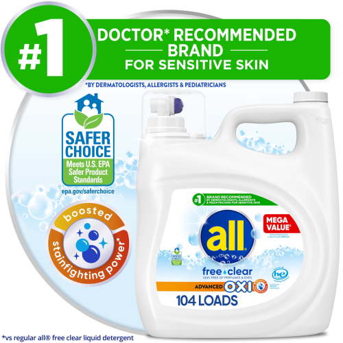 all Free Clear Liquid Laundry Detergent, Oxi, 154oz, 103 Loads