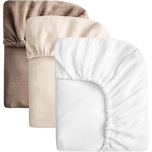SOULFUL Muslin Crib Sheets 3 Pack Soft and Breathable Organic Cotton Fitted Crib Sheets for Standard Crib Mattress (28"x 52", White & Beige & Brown)