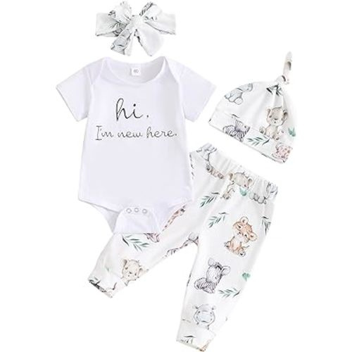 Newborn Baby Boy Girl Outfit Hi I'm New Here Short Sleeve Romper Koala Print Pants Headband Hat Coming Home Outfits