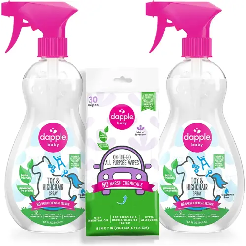 Dapple Toy & Highchair Cleaning Spray Baby, Fragrance Free, 16.9 Fl Oz Bottle (Pack of 2) + 30 Count All Purpose Wipes Pouch, Lavender - Plant Based Spray & Hypoallergenic Cleaning Wipes