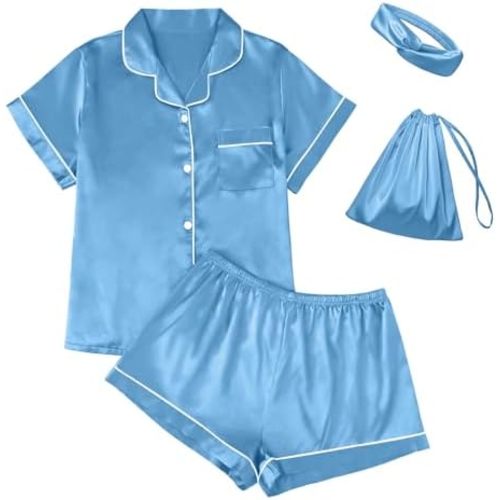 LILLUSORY 4Pcs Women Silk Pajama Set Summer 2025 Satin Pjs 2 Piece Suit Lounge Scrunchies Lady Sleepwear Matching Clothing