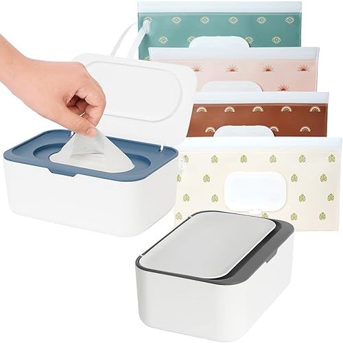 Wipes Dispenser with 4 Pack Portable Baby Wipe Case, Wipe Holder for Baby & Adult, Seposeve Refillable Wipe Container, Keeps Wipes Fresh, Easy Open/Close Wipes Pouch Case, Blue Grey + 4 Multicolor