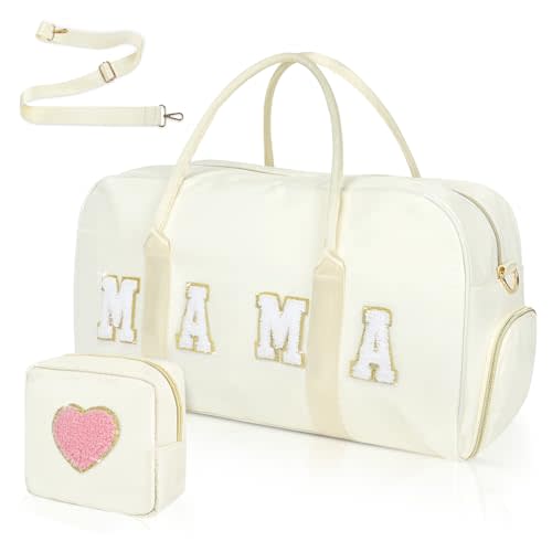 Mama Hospital Bag for Women Labor and Delivery Nylon Chenille Letter Embroidered Duffle Overnight Weekender Bag with Shoes Compartment and Mothers Day Gifts White