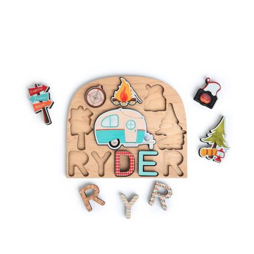 Happy Camper wooden name puzzle for toddlers/ Montessori wooden puzzle/ Gift for children/ Name puzzle