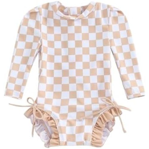 Yccutest Toddler Rash Guard One Piece Swimsuit Baby Girl Long Sleeve Ruffles Swimwear Zipper Bathing Suit Checkerboard Outfit