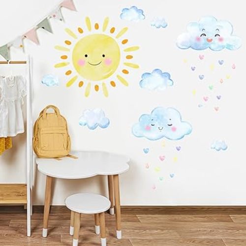 Large Sun Wall Decals,Watercolor White Clouds Wall Sticker,Boy Girl Room Decoration Sun Stickers,Peel and Stick Removable Sun and White Clouds Wall Decor,for Boys and Girls Room, Children's Bedroom.