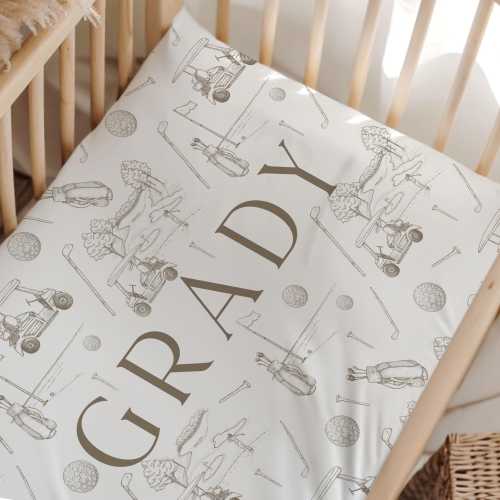 Personalized Crib Sheet Boy Golf Crib Sheet Vintage Golf Nursery Decor Custom Crib Sheet with Name Baby Shower Gift Toile Baby Crib Bedding