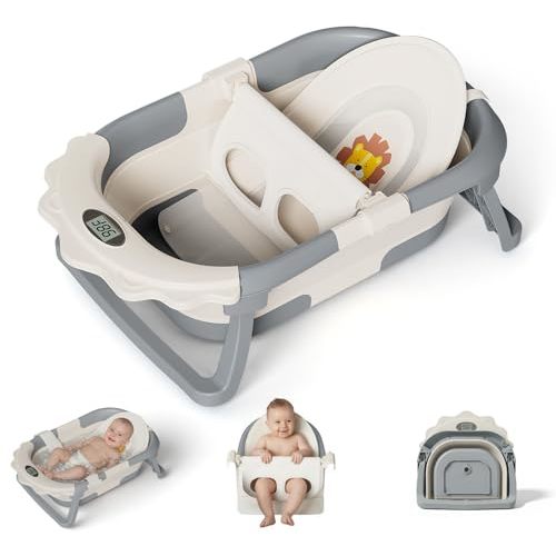 MoreFeel Foldable Baby Bathtub with Thermometer - 4-in-1 Grow-with-Me Collapsible Infant Tub (Newborn to Toddler) with Adjustable Mesh Sling - Space Saving Design