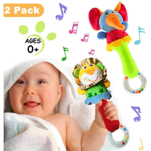 Homaful 2 Pack Baby Soft Rattle Toys Fabric Ring Rattles Shaker Infant Handbells Early Development Hand Grab Sensory Toys Stuffed Animal for 3 6 9 12 Months and Newborn Toddler Boy Girl Birthday Gift