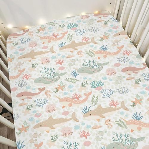 Girly Whale Baby Crib Sheets for Boy Girl 28"x52" Narwhal Shark Jellyfish Corals Soft Stretchy Fitted Crib Mattress Cover Boho Sea Ocean Animals Leopard Baby Sheet for Crib & Toddler Bed Mattresses