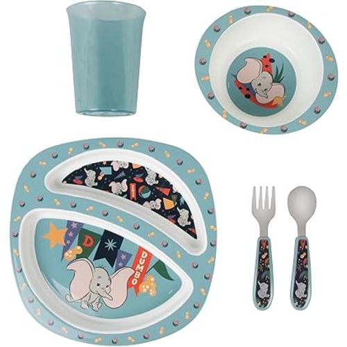 The First Years Disney Dumbo Meal Time Toddler Feeding Supplies - Includes Toddler Plate, Toddler Bowl, Cup, Fork, and Spoon - Baby Feeding Supplies - 5 Count