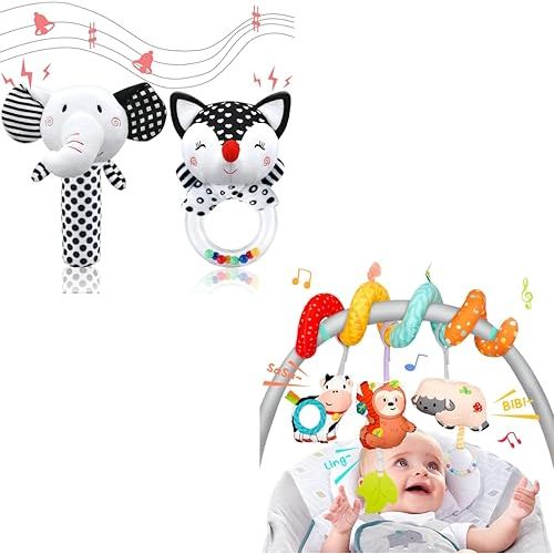 XIXILAND Black and White High Contrast Baby Rattles 0-6 Months & Car Seat Toys for Babies 0-6 Months Boy Girl Carseat Toys Hanging, Stroller Toys Newborn Toys Infant Toys Baby Toys 0-6 Months