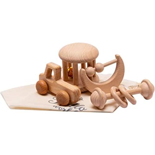 Wooden Baby Toys Montessori Toys Set Wooden Rattles Grasping Toys Wood Ring 4pcs,Pick-up Truck Toy Set