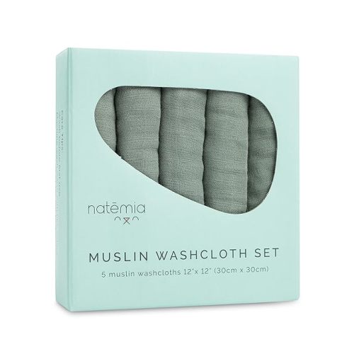 Natemia Muslin Baby Washcloths for Newborn - Premium Wash Cloths for Babies, Super Absorbent and Ultra Soft Rayon Made from Bamboo, 6 Layer Baby Girl and Baby Boy Washcloths, 5 Piece Set