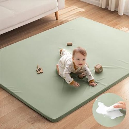 Blissful Diary Vegan Leather Baby Play Mat, 71x59 Thicken Foam Cushioned & Waterproof Playpen Mat for Infants and Toddlers, Stylish and Just Wipe-Clean Playmat for Baby Play on Floor, Light Green