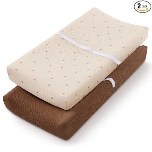 Blissful Diary Muslin Changing Pad Cover for Girls Boys, Ultra Soft Breathable Cotton, Baby Diaper Change Table Pad Covers, 2Pack (Sunshine&Brown)