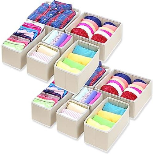 Simple Houseware Foldable Cloth Storage Box Closet Dresser Drawer Divider Organizer Basket Bins for Underwear Bras, Beige (Set of 12)