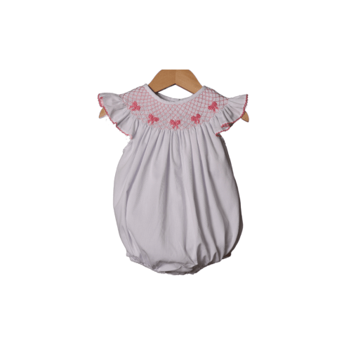 Smocked Heirloom Pink Bow White Pique Bubble