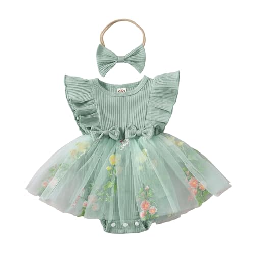 Hnyenmcko Newborn Baby Girl Summer Romper Dress Infant Fly Sleeve Flower Embroidery Mesh Tulle Skirt Hem Ribbed Bodysuit