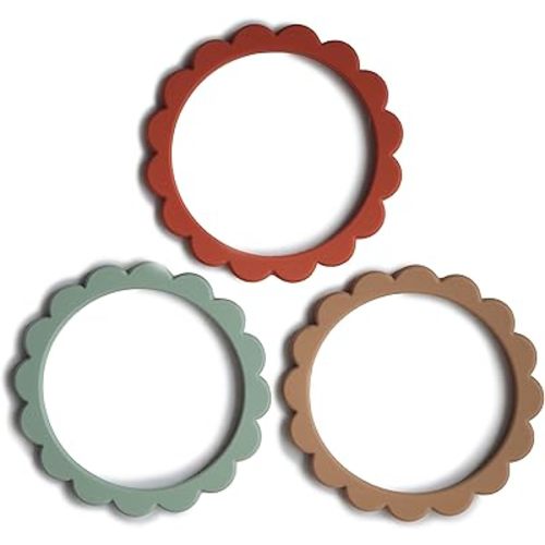 mushie Flower Teether Bracelet | 3-Pack (Cambridge Blue/Clementine/Natural)