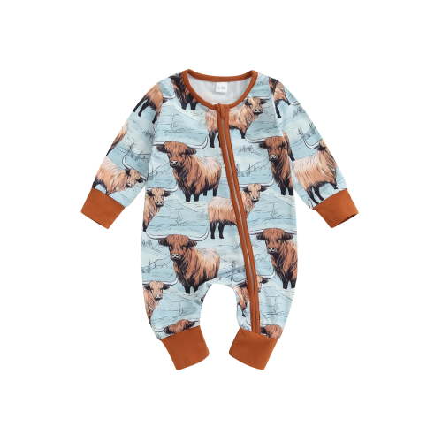 Jaweiwi Baby Girls Boys Romper Highland Cow Print Long Sleeve Crew Neck Jumpsuits Fall Casual Clothes Infant Bodysuits