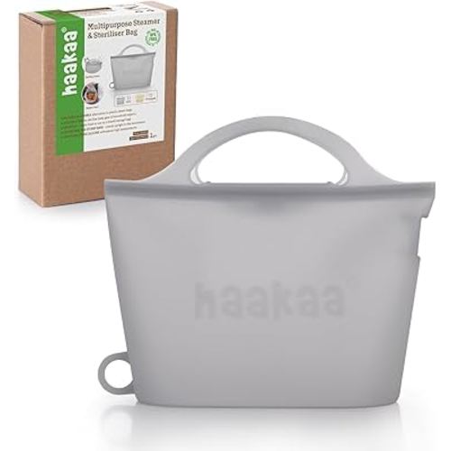 Haakaa Silicone Microwave Steamer & Steriliser Bag, Reusable Silicone Steaming Bags for Baby Bottles, Breast Pump, Accessories, Pacifiers and Teethers, Great for Home and On-The-Go, Grey/1PC (1250ml)