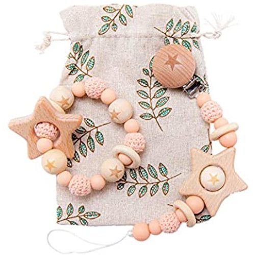 Amazon.com : 2pc Wooden Pacifier Holder Set Wooden Pacifier Holder with Star Beads Orange Crochet Beads Bracelet Best Shower Gift for Newborn : Baby $13.99