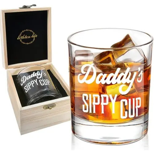 LIGHTEN LIFE Daddy's Sippy Cup Whiskey Glass 12 oz,Unique Dad Gift in Valued Wooden Box,Funny Gag Gift for New Dad,Father,Husband from Kids Wife for Father's Day,Birthday,Christmas