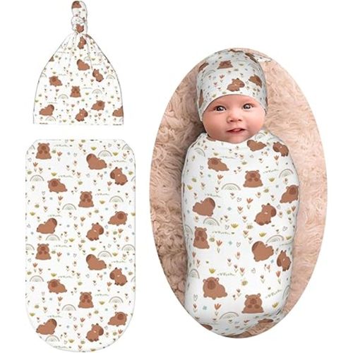 Capybara Baby Stuff Newborn Baby Swaddle Blanket with Beanie Hat,Swaddle Blanket Gifts for Infant Shower Boys Girls