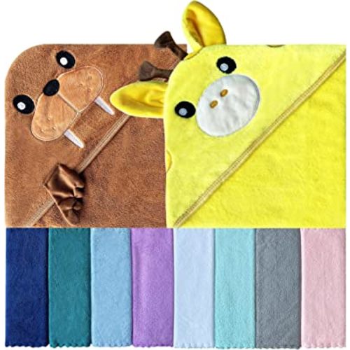 Sunny zzzZZ Baby Hooded Bath Towel and Washcloth Sets, Baby Essentials for Newborn Boy Girl, Baby Shower Towel Gifts for Infant and Toddler - 2 Towel and 8 Washcloths - Giraffe and Seal