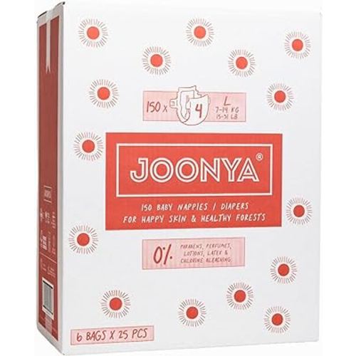 Joonya Baby Diapers, Size 4 L (15-31 lb) - 6 Bags of 25 (150) - **New Range** - NonToxic, Eco-Friendly, Ultra Slim, Overnight Use - Made in Denmark