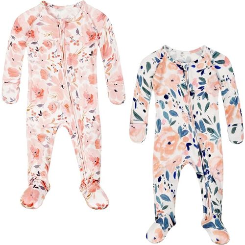 Baby Girls Boys Footie Pajamas 0-9 Months Rayon derived from Bamboo Floral Printed Sleepers for Newborn Girl 2 Packs