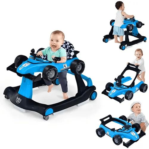 BABY JOY 4-in-1 Baby Walker, Foldable Activity Walker with Adjustable Height & Speed, Music, Lights, Anti-Rollover, Toddler Push Walker, Baby Walker with Wheels for Boys Girls 6-18 Months (Blue)