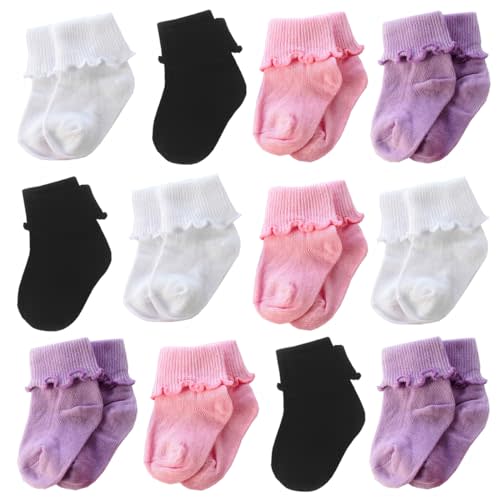 Xiyadun 6 &12 Pairs Infant Toddler Baby Kids Turn Cuff Ruffle Cotton Socks
