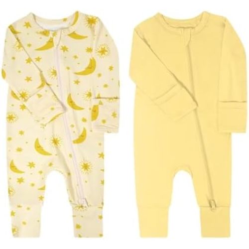 Teach Leanbh Baby Boys Girls 2 Pack Bamboo Viscose Pajamas with Mitten Cuffs 2 Way Zipper Long Sleeve Romper Sleep and Play