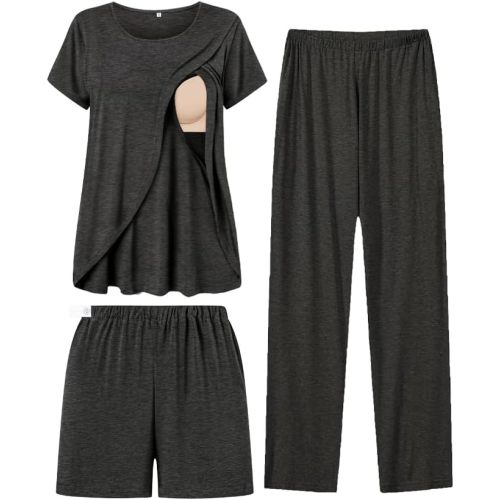 SWOMOG Women Maternity Pajamas Sets 3 Pcs Adjustable Breastfeeding Nightwear Double Layer Short Sleeve Pregnancy Pjs Set