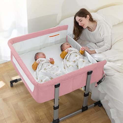 Ihoming Twin Bassinets for Baby, Double Bassinet Bedside Sleeper for Twins, Double Bassinets Sleeper for 2 Babies, Infant Co Sleeper Bedside Crib Attaches to Bed, Pink