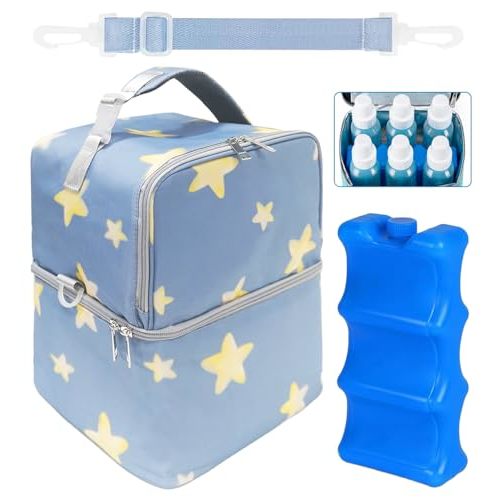 Breastmilk Cooler Bag with Ice Pack, Large Insulated Breast Pump Bottle Storage, Portable Baby Bottle Cooler for Travel, Beautiful Star Design