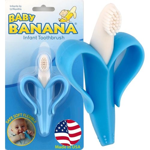 Baby Banana® Blue Teether-Toothbrush, Infant to Toddler, Made in USA, Butter-Soft Bristles for Gums and Teeth, Bendable Food Grade Silicone, Family-Owned Business Since 2009, 11 Million+ Sold.