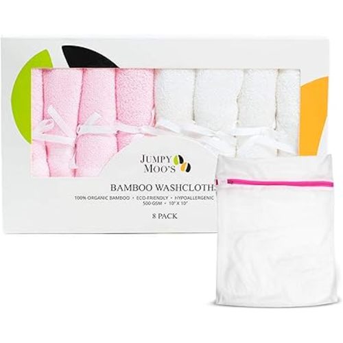 Jumpy Moo's Baby Washcloths, Rayon from Bamboo - Bath Face Towel, Newborn Essentials, Baby Wipes, Natural 2 Layer Muslin Face Cloths - 10x10 inches (Includes Laundry Bag) - Pink & White (8 Pack)
