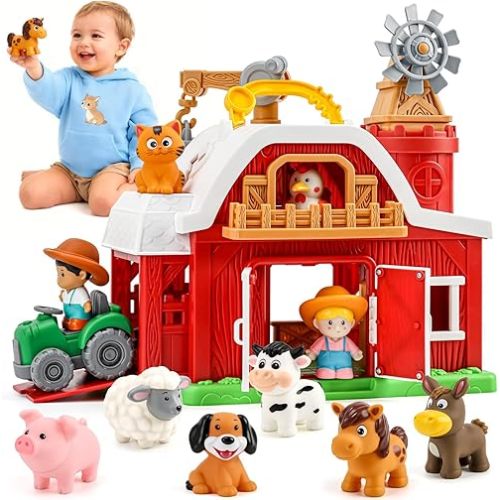 15-Piece Upgraded Farm Animal Big Barn Playset Gifts for Toddlers Christmas|Montessori Learning Toys for 18 Months Olds Girls Boys|Pretend Animal with Tractor Birthday Easter Gifts for 2 Years