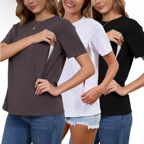 Ecavus Women's 3-Pack Nursing Shirts for Breastfeeding with Hidden Zippers Loose Fit Maternity Tops