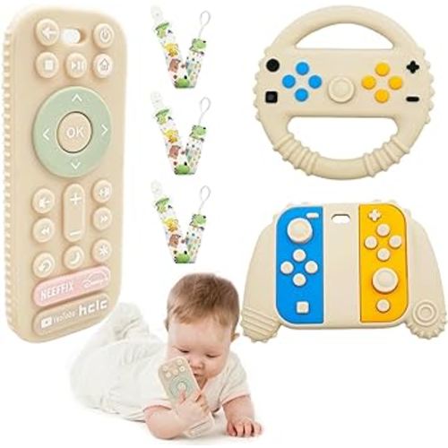 3 Pack Baby Teether Toys - TV Remote Control Shape Silicone Toddler Teething Toys for Babies 3 6 9 12 Months (khaki)