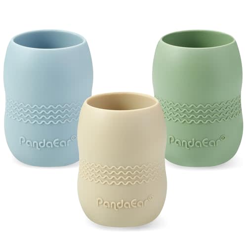 PandaEar 3 Pack 100% Tiny Silicone Drinking Training Cup for Baby and Toddler, Tiny Open Cups for Infants (Blue/Green/Tan)